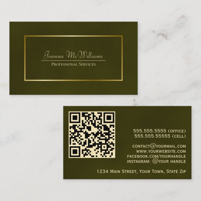 Carte De Visite Elégant Olive Green & Gold Professional QR Code (Devant / Derrière)