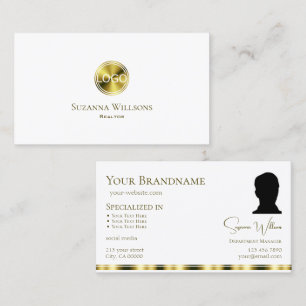 Carte De Visite Elégant or blanc clair avec logo et photo chic