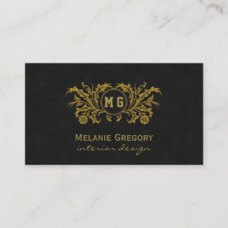 Carte De Visite Élégant or floral noir Monogramme personnalisé