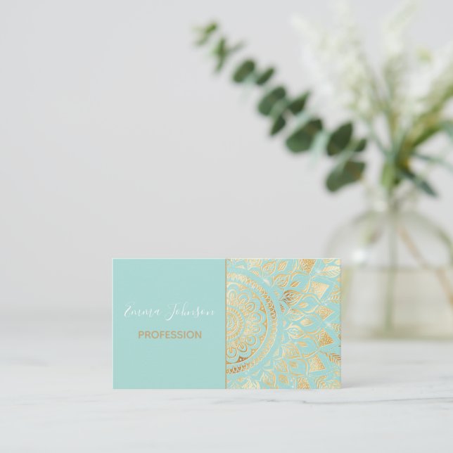 Carte De Visite Elégant or Lumière Turquoise Mandala Floral (Debout devant)