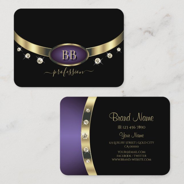 Carte De Visite Elégant or violet noir avec initiales Diamants (Devant / Derrière)