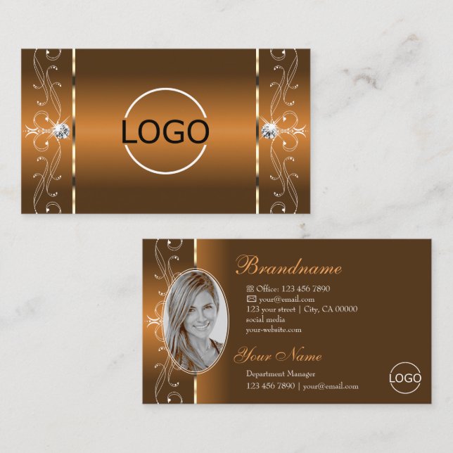 Carte De Visite Élégant Orange Brown Squigglé Bijoux Logo & Photo (Devant / Derrière)