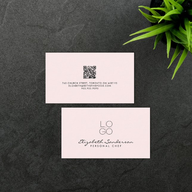Carte De Visite Élégant Pale Rose Luxe Script QR CODE (Créateur téléchargé)