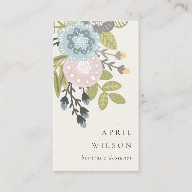 Carte De Visite Élégant Pastel Boho Blush Blue Green Leafy Floral (Devant)