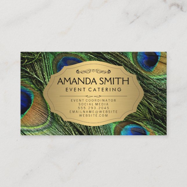 Carte De Visite Elégant Peacock Feathers Faux Metallic Gold (Devant)