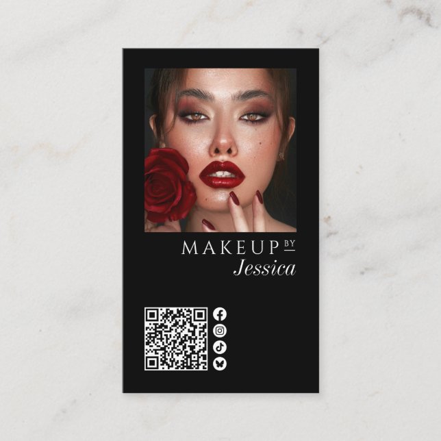 Carte De Visite Elegant Photo Black QR Code Social Icons Makeup Bu (Devant)