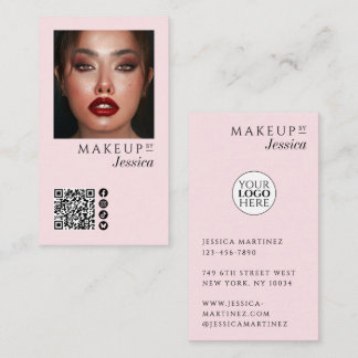 Carte De Visite Elegant Photo Blush Pink QR Code Social Makeup