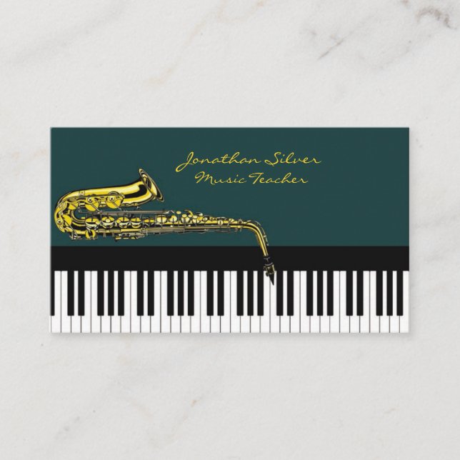 Carte De Visite Elégant Piano Keys & Saxophone Music Enseignant (Devant)