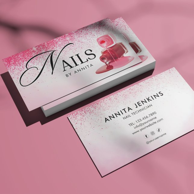 Carte De Visite Elegant Pink Sparkly Nails Technician Monogram  (Créateur téléchargé)