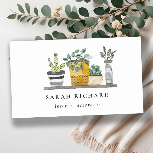 Carte De Visite Elégant Plante à pots Maison Aquarelle Botanique (Créateur téléchargé)