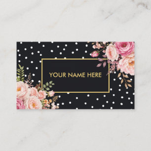 Carte De Visite Élégant Polka Blanc avec Cadre Doré & Roses