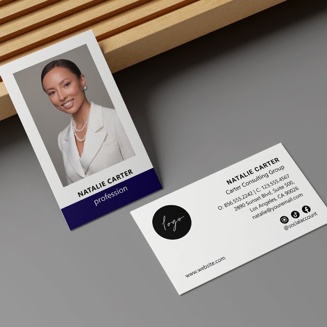 Carte De Visite Élégant Portrait Photo Logo Social Icon NAVY BLUE (Créateur téléchargé)