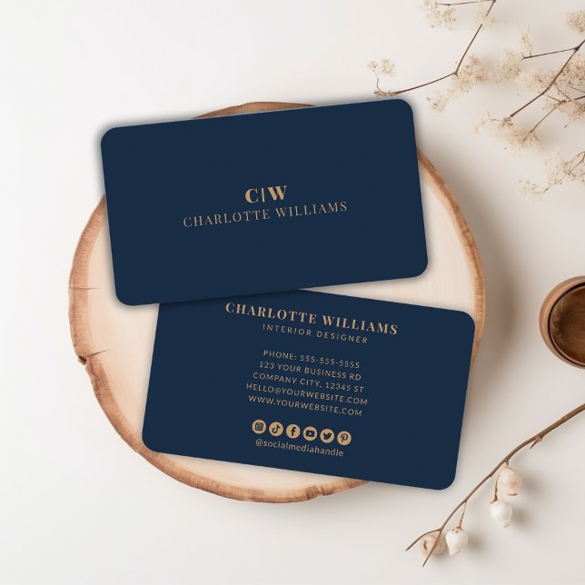 Carte De Visite Élégant professionnel simple Monogramme Gold Navy (Elegant Professional Simple Monogram Gold Navy Business Card)