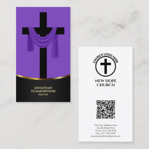 Carte De Visite Élégant Purple Christian Pastor Cross & QR Code