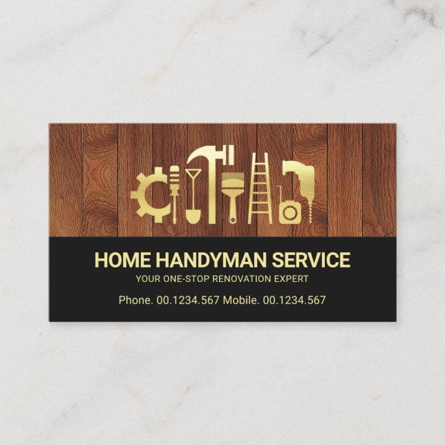 Carte De Visite Elégant Retro Gold Handyman Outils Motif Carpenter (Devant)