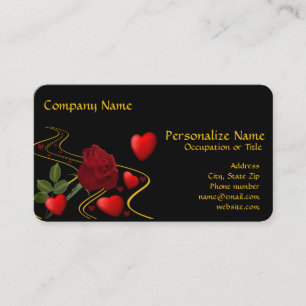 Carte De Visite Élégant romantique Coeurs rouges Ruban d'or et Ros