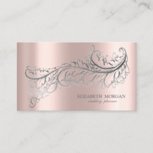 Carte De Visite Elégant Rose de plumes d'argent de luxe