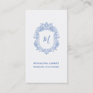 Carte De Visite Élégant Rose décoratif Crest Blue Monogramme