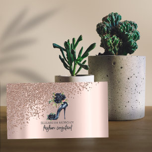 Carte De Visite Élégant Rose Diamants d'or, Noir hauts talons Rose