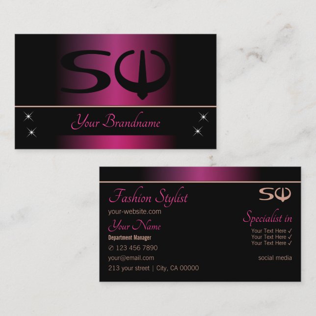 Carte De Visite Élégant rose et noir avec Initiales Professionnel (Devant / Derrière)