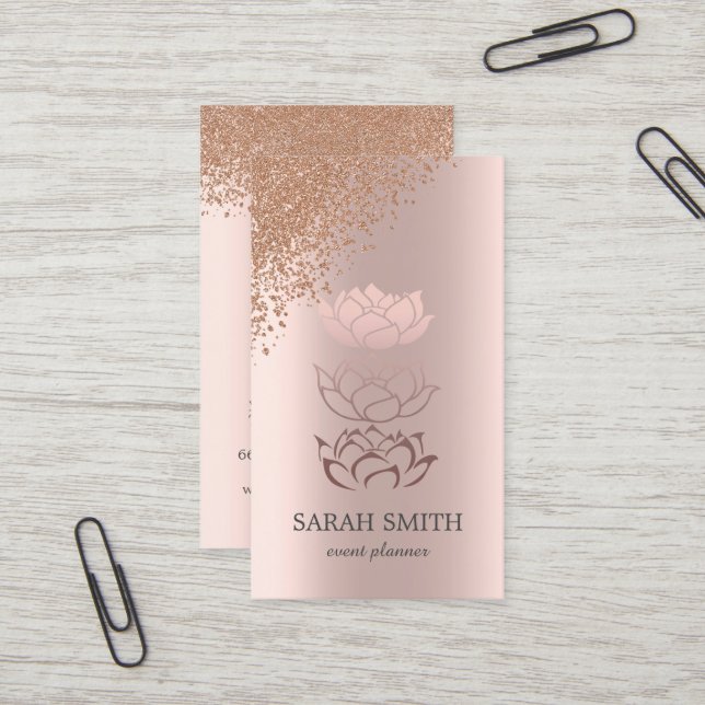 Carte De Visite Élégant Rose Gold Diamonds Lotus Business (Devant/Arrière en situation)