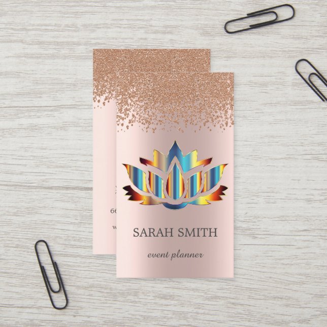 Carte De Visite Élégant Rose Gold Diamonds Lotus Business (Devant/Arrière en situation)
