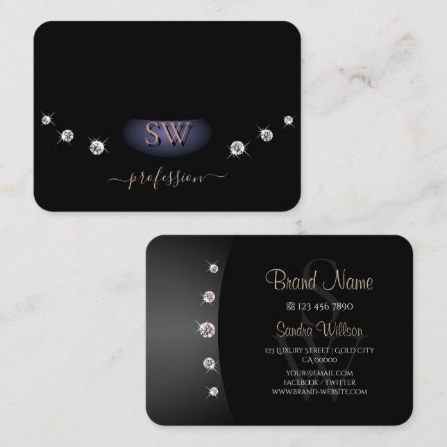 Carte De Visite Elégant Rose Gold et Noir Initiales Rhinestones (Devant / Derrière)