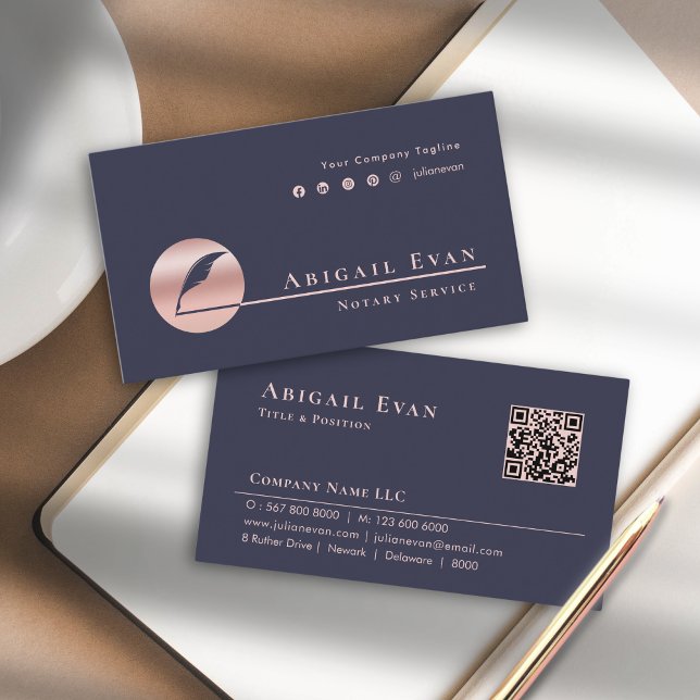 Carte De Visite Élégant Rose Gold Pink Feather Logo Service notair (Elegant Rose Gold Pink Feather Logo Notary Service Business Card)