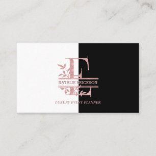 Carte De Visite Élégant Rose Gold Split Custom Monogramme Lettre E