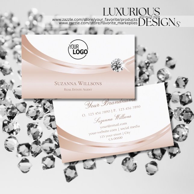 Carte De Visite Elégant Rose Gold White avec logo et Diamond Chic (Créateur téléchargé)