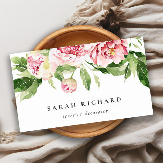 Carte De Visite Elégant rose rose vert Aquarelle Peony Floral