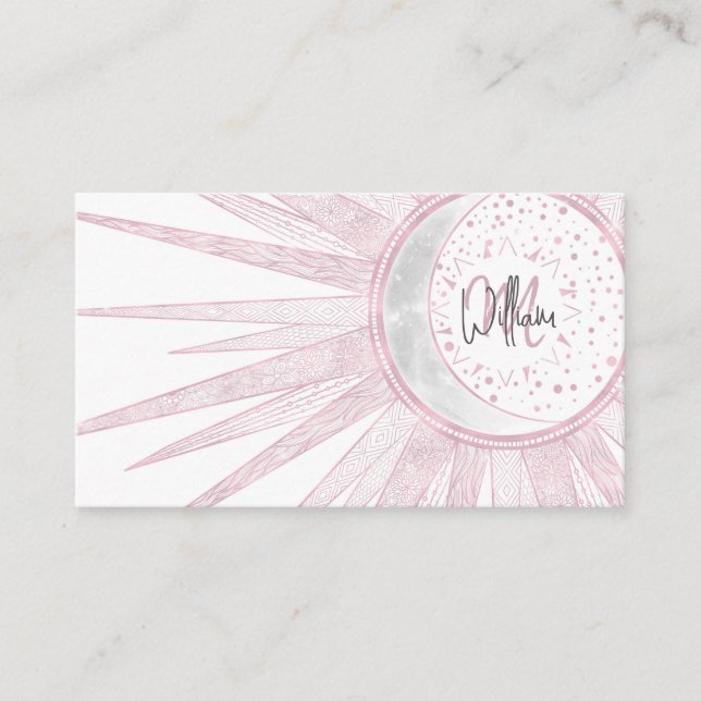 Carte De Visite Elégant rose Sun Moon Doodle Mandala White Design (Devant)