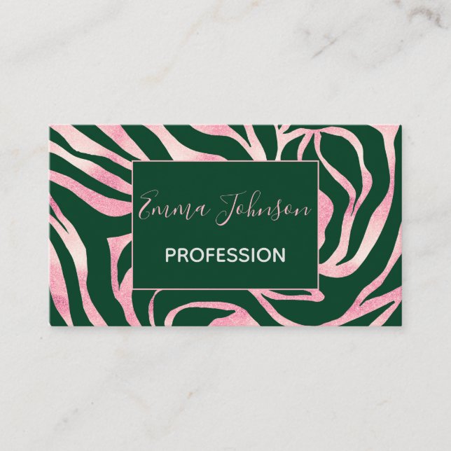 Carte De Visite Elégant Rose vert Parties scintillant or Zebra (Devant)