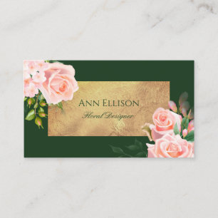 Carte De Visite Élégant Roses Fleurs Rose Vert Or
