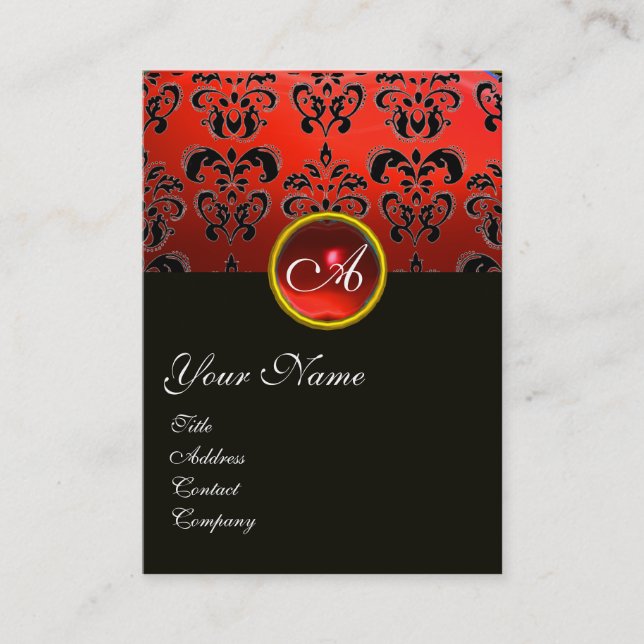 CARTE DE VISITE ÉLÉGANT ROUGE BLACK DAMASK RUBY GEMSTONE MONOGRAM (Devant)