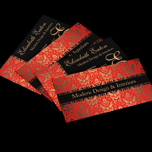 Carte De Visite Elégant Rouge, Or et Noir Damas Design fantaisie