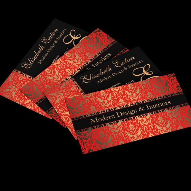 Carte De Visite Elégant Rouge, Or et Noir Damas Design fantaisie (Créateur téléchargé)
