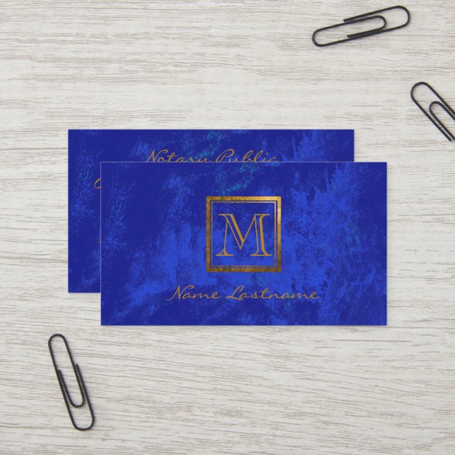 Carte De Visite Elégant Royal Blue Abstrait or Monogramme Notaire (Devant/Arrière en situation)