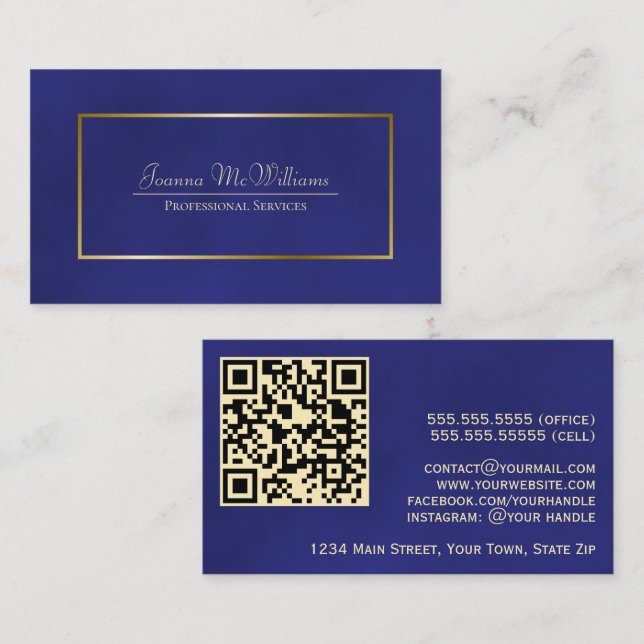 Carte De Visite Elégant Royal Blue & Gold Professional QR Code (Devant / Derrière)