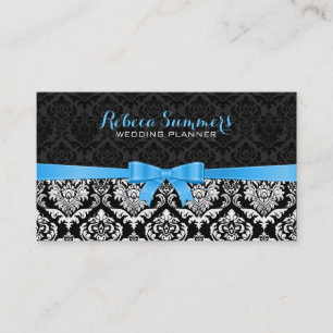Carte De Visite Élégant ruban bleu noir et blanc Damas 2a
