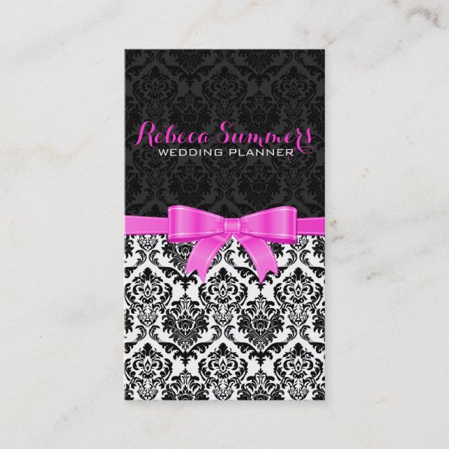 Carte De Visite Élégant ruban rose noir et blanc Damas 2 (Devant)