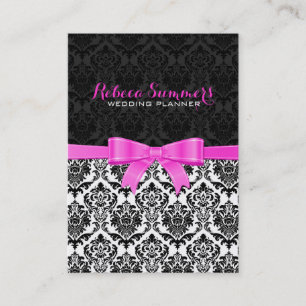Carte De Visite Élégant ruban rose noir et blanc Damas 2