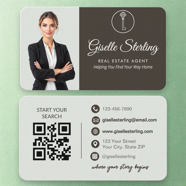 Carte De Visite Elegant Sage Green Photo Real Estate Agent QR Code (Créateur téléchargé)