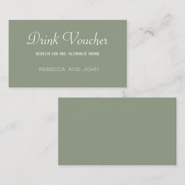 Carte De Visite Elegant Sage Green Wedding Drink Voucher Card (Devant / Derrière)