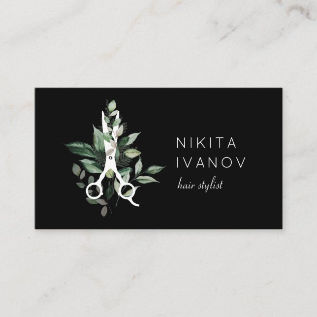 Carte De Visite Elégant Salon de verdure ciseaux Logo Rendez-vous (Devant)