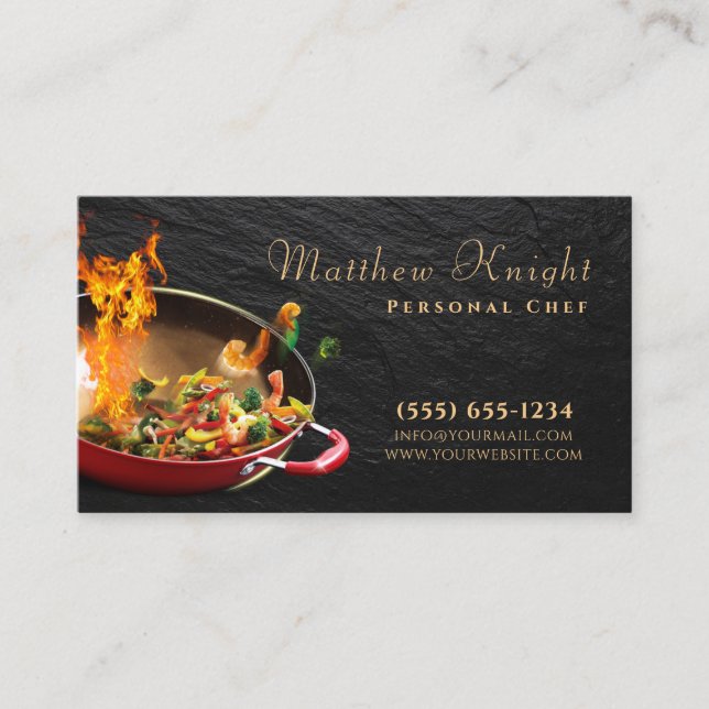 Carte De Visite Élégant Script Cuisine Pan Personnel Chef Restaura (Devant)