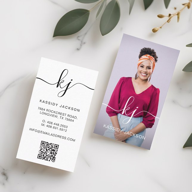 Carte De Visite Élégant script Monogramme logo photo et code QR (Elegant Script Monogram Logo Photo & QR Code Business Card)