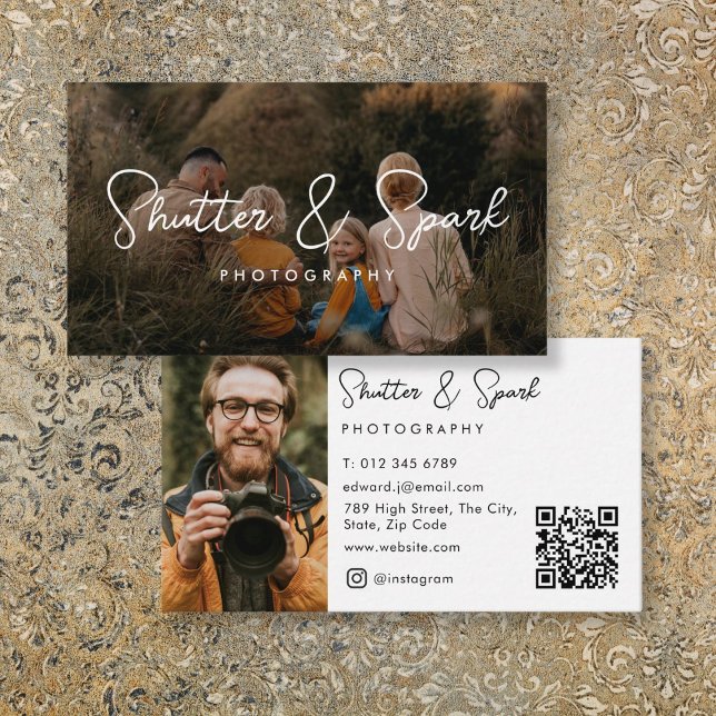 Carte De Visite Élégant script photo pleine photo Code QR (Elegant Script Full Photo Photography QR Code Business Card
)