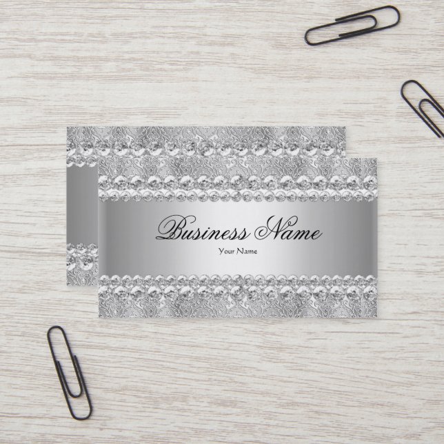 Carte De Visite Elégant Silver Grey Damask Dentelle (Devant/Arrière en situation)