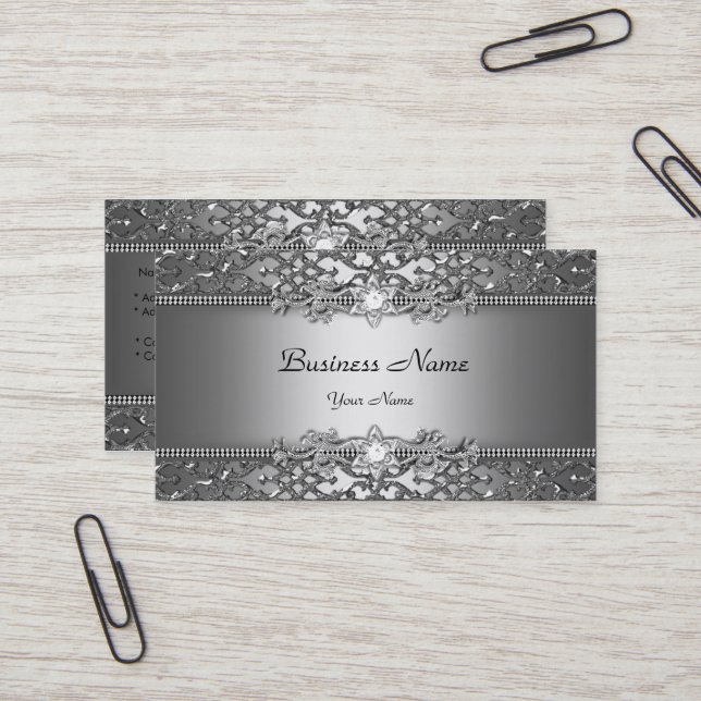 Carte De Visite Elégant Silver Grey Damask Embossé look (Devant/Arrière en situation)